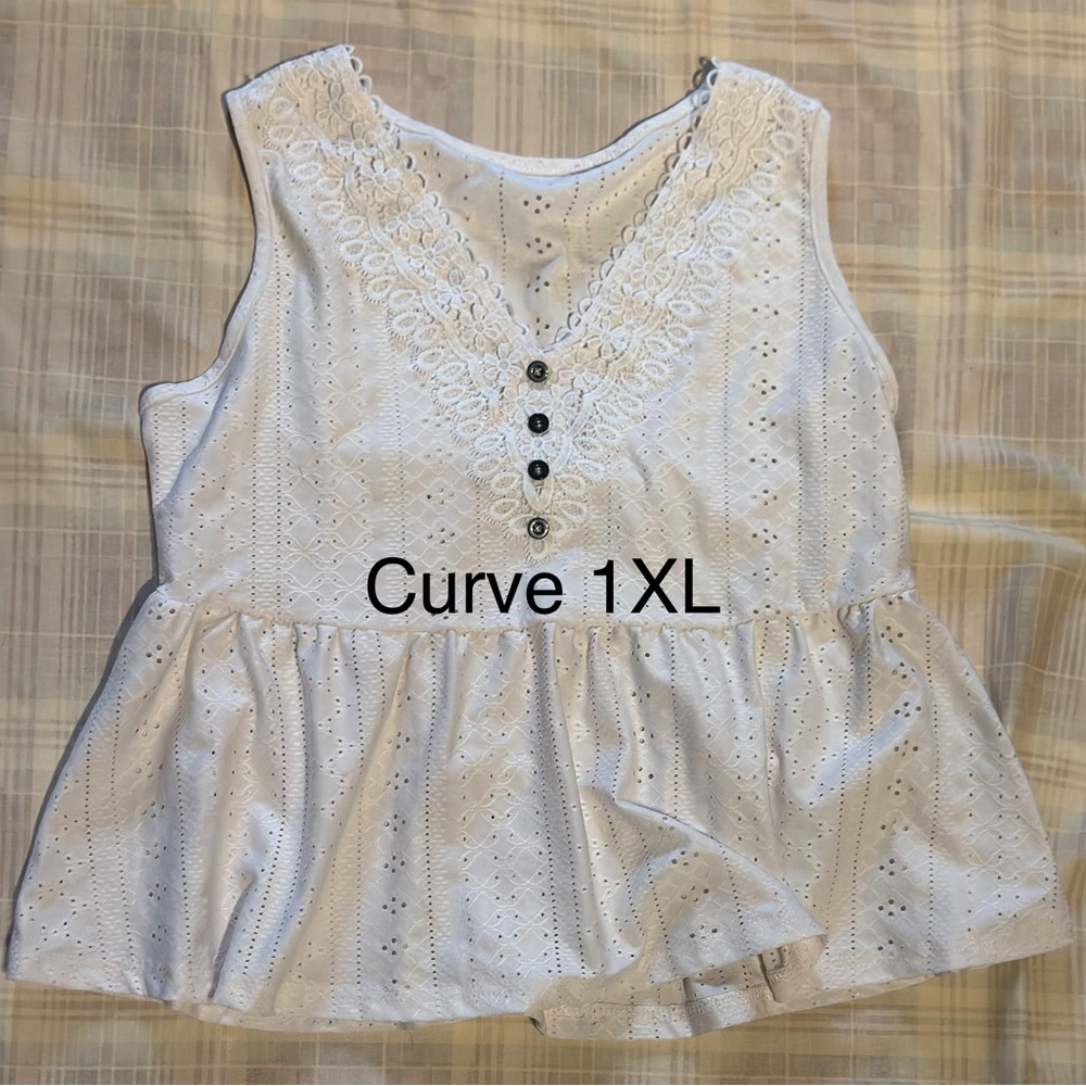 Women’s White Eyelet Peplum Blouse with Lace Trim - Curve 1XL